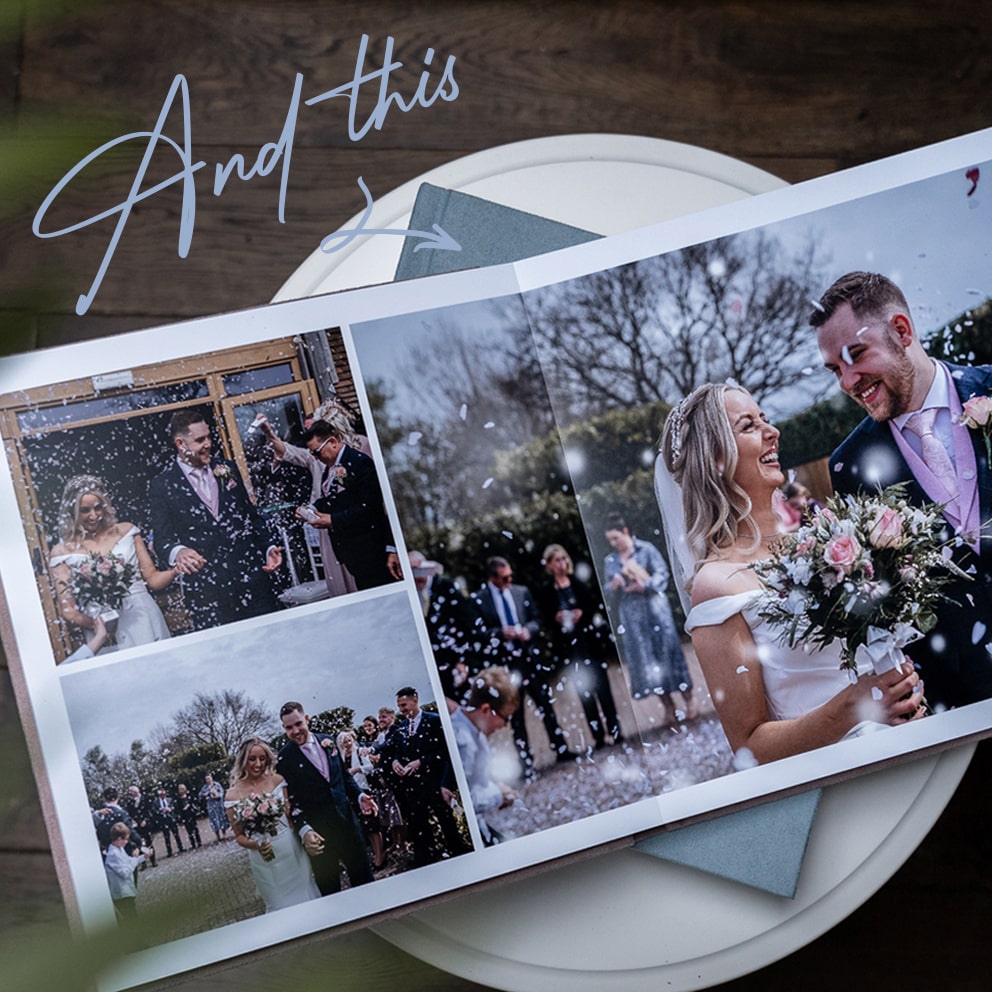 A luxury photo book album open on a table, displaying the work of local wedding photographer Emma Seaney.